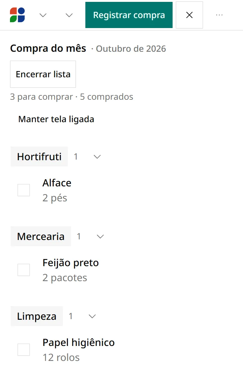 Modo Comprar no celular: cinco itens marcados em Comprados e alface, feijão preto e papel higiênico ainda para comprar, com o botão Registrar compra no topo
