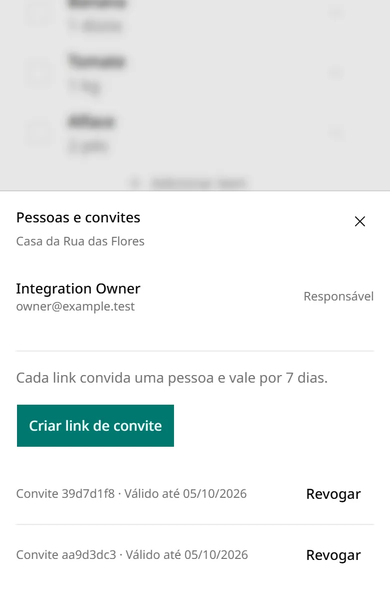 Tela Pessoas e convites da Casa da Rua das Flores, com o botão Criar link de convite e dois convites válidos até 05/10/2026