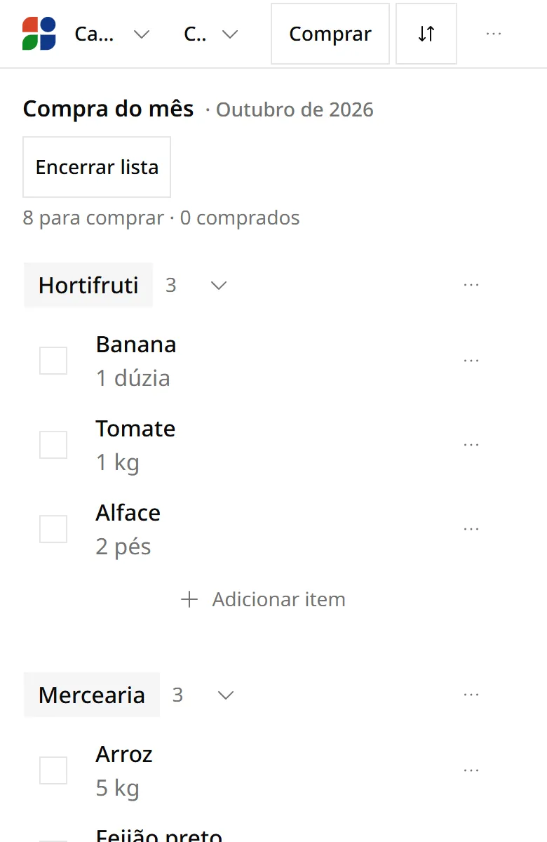 Lista “Compra do mês”, de outubro de 2026, com as categorias Hortifruti (banana, tomate, alface) e Mercearia (arroz, feijão preto, café)