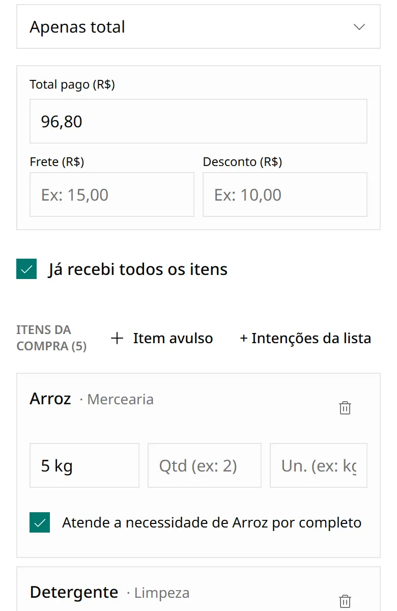 Formulário Registrar compra com total pago de R$ 96,80, Já recebi todos os itens marcado e o arroz marcado como atendido por completo